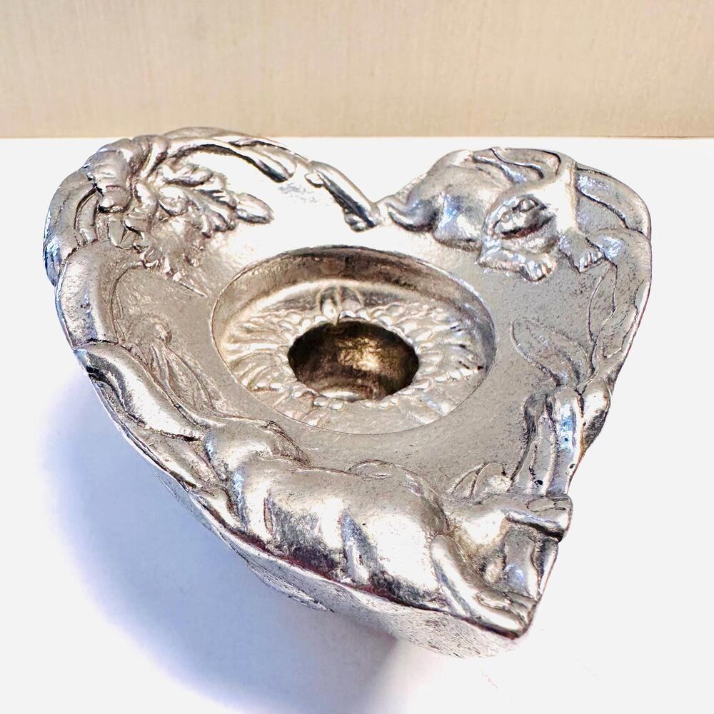 Vintage Arthur Court Heart Pewter Tapered Candlestick Holder Bunny Rabbit